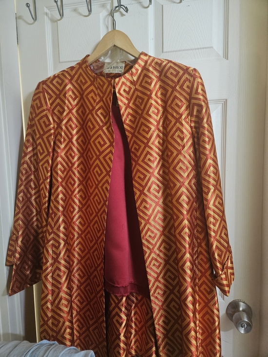 Lily & Taylor Jackets & Blazers - Statement Gold & Red Geometric Satin Blazer
